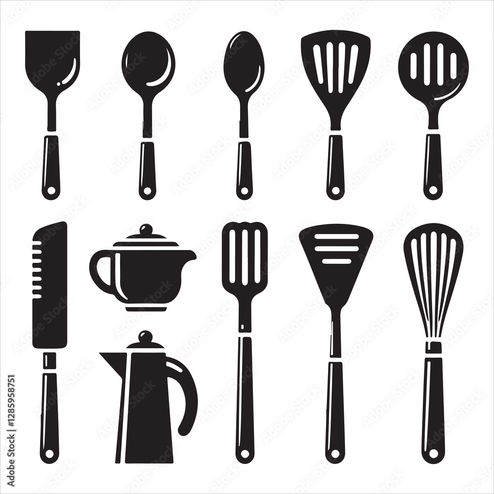 Kitchen utensil silhouette vector illustration set Kitchen utensil silhouette vector illustration set