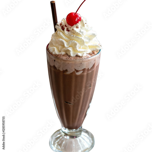 Chocolate milkshake in a tall glass with whipped cream and straw, isolated on transparent background