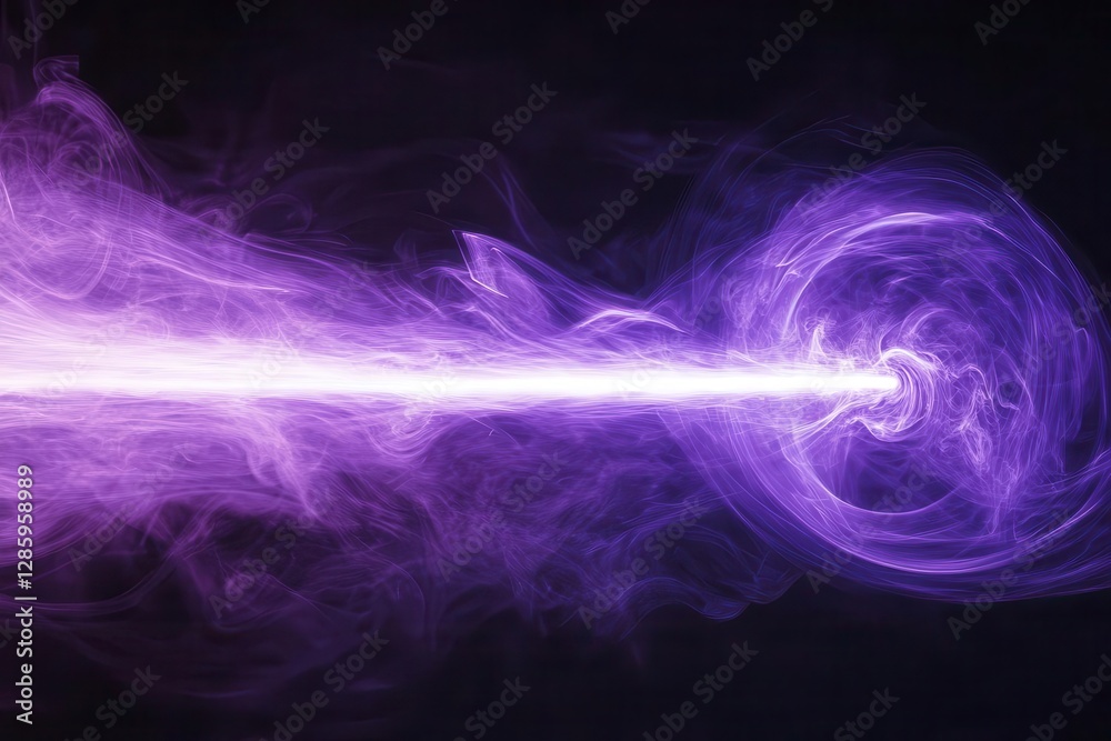 Obraz premium mysterious light beam piercing through dense purple smoke swirls against deep black background creating ethereal atmospheric effects