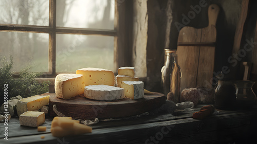 An assortment of various types and shapes of cheese arranged on an aged wooden board
