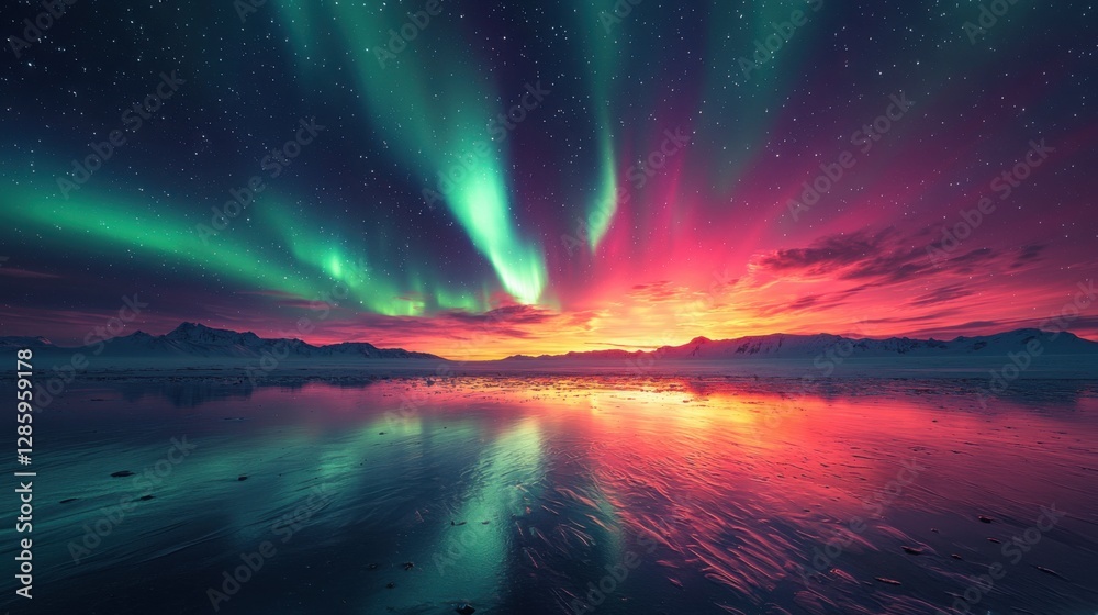 A breathtaking view of the aurora borealis illuminating the night sky, reflected in a tranquil icy lake surrounded by mountains. A breathtaking view of the aurora borealis illuminating the night sky, reflected in a tranquil icy lake surrounded by mountains.