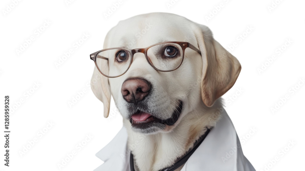Dog wearing glasses and a lab coat poses as a scientist in a playful, imaginative setting Dog wearing glasses and a lab coat poses as a scientist in a playful, imaginative setting