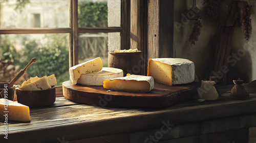 An assortment of various types and shapes of cheese arranged on an aged wooden board
