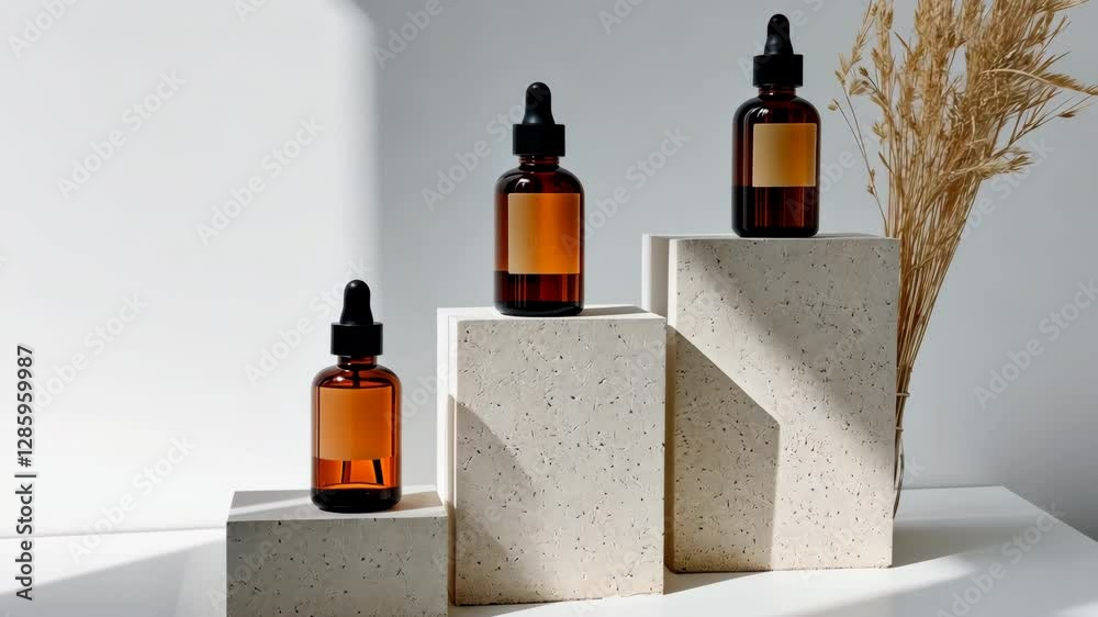 Three bottles of perfume are displayed on a white pedestal