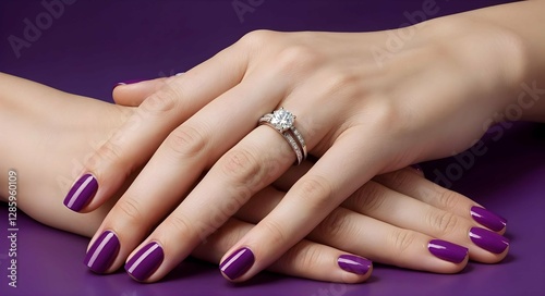 A close-up of a woman's hands with purple manicured, Beautiful woman in fashion concept, with natural-looking nails resting on a soft, purple background