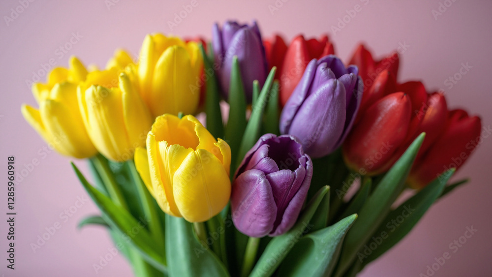 Vibrant Tulip Bouquet for Mother's Day: Yellow, Purple, and Red Blooms Perfect for Greeting Cards and Floral Marketing Vibrant Tulip Bouquet for Mother's Day: Yellow, Purple, and Red Blooms Perfect for Greeting Cards and Floral Marketing