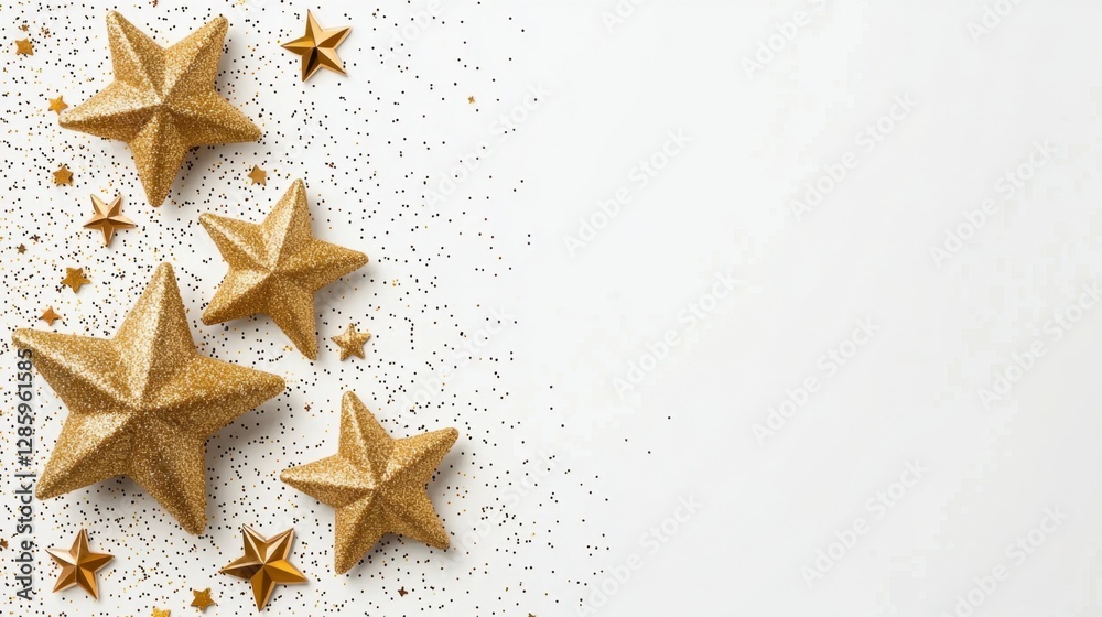 Cluster of shimmering gold stars glowing softly on a white background for festive decoration Cluster of shimmering gold stars glowing softly on a white background for festive decoration