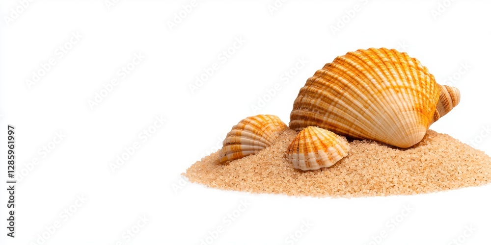 Two shells on sandy beach with one shell resting on soft sand in natural setting Two shells on sandy beach with one shell resting on soft sand in natural setting