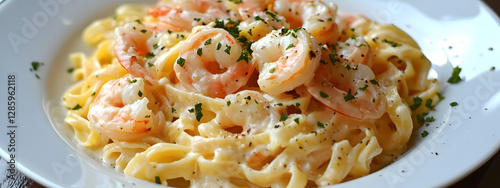 The photo shows all applicable creamy pasta with shrimp
