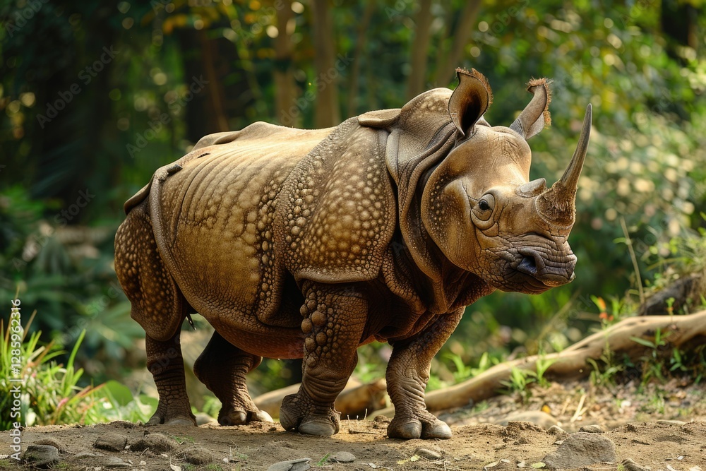 Fototapeta premium A majestic Indian rhinoceros, showcasing its thick, textured skin and prominent horn, stands in a lush green forest.