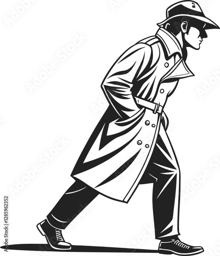 Detective in a Trench Coat Strolling Silhouette Vector for Mystery and Crime Themes