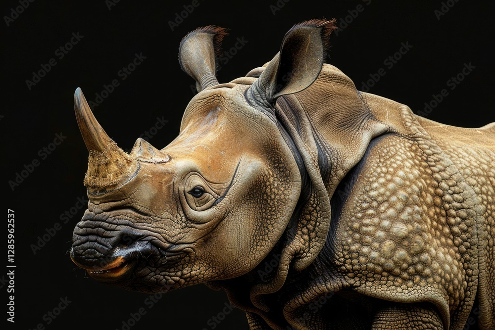Obraz premium Close-up of an Indian rhinoceros, showcasing its thick skin, prominent horn, and detailed texture against a transparent background.