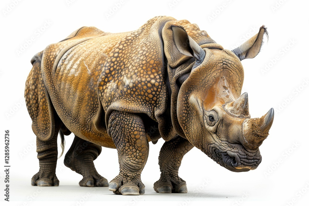 Fototapeta premium A majestic Indian rhinoceros, showcasing its thick, textured skin and prominent horn, stands against a white background.