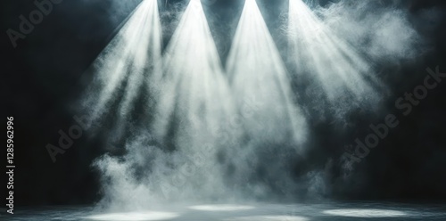 Spotlight on stage pierces through rolling fog, creating an enchanting atmosphere for a captivating performance.
