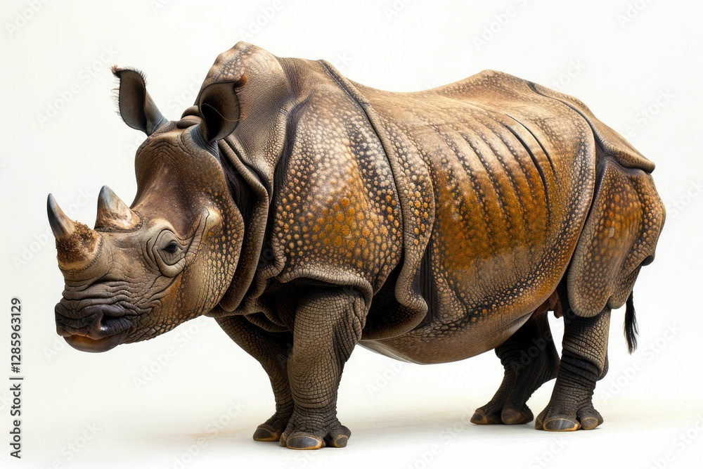 Fototapeta premium A majestic Indian rhinoceros, showcasing its thick, textured skin and prominent horn.