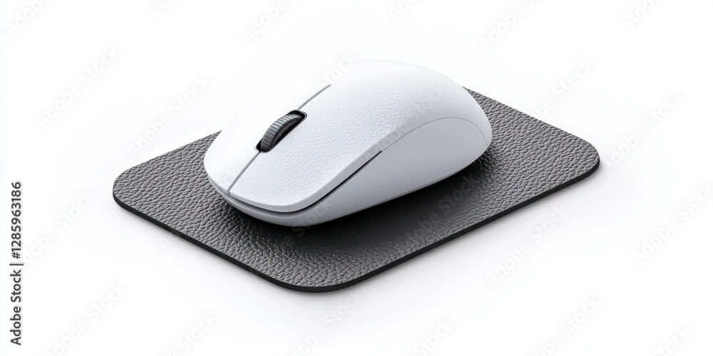 Mouse pad with white mouse on sleek black computer mat isolated on a clean background