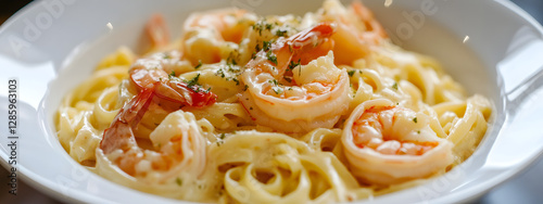 The photo shows all applicable creamy pasta with shrimp
