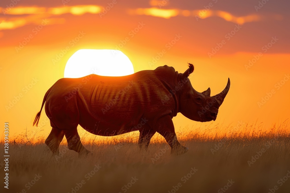 Fototapeta premium Silhouette of a rhinoceros walking through tall grass at sunset, sun behind the animal.
