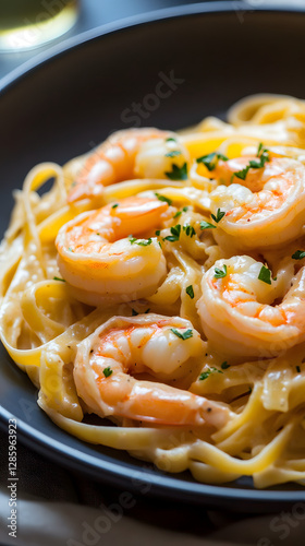 The photo shows all applicable creamy pasta with shrimp
