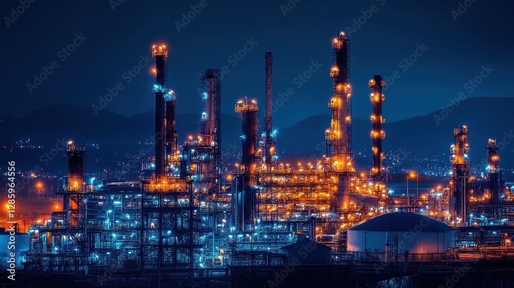 Night view of a brightly illuminated oil and gas refinery, showcasing industrial brilliance against a dark sky. Night view of a brightly illuminated oil and gas refinery, showcasing industrial brilliance against a dark sky.