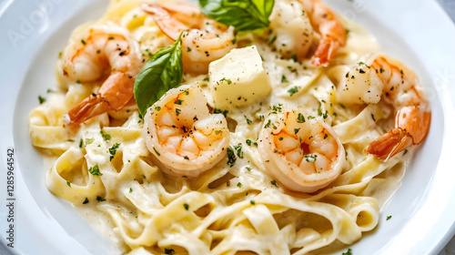The photo shows all applicable creamy pasta with shrimp
