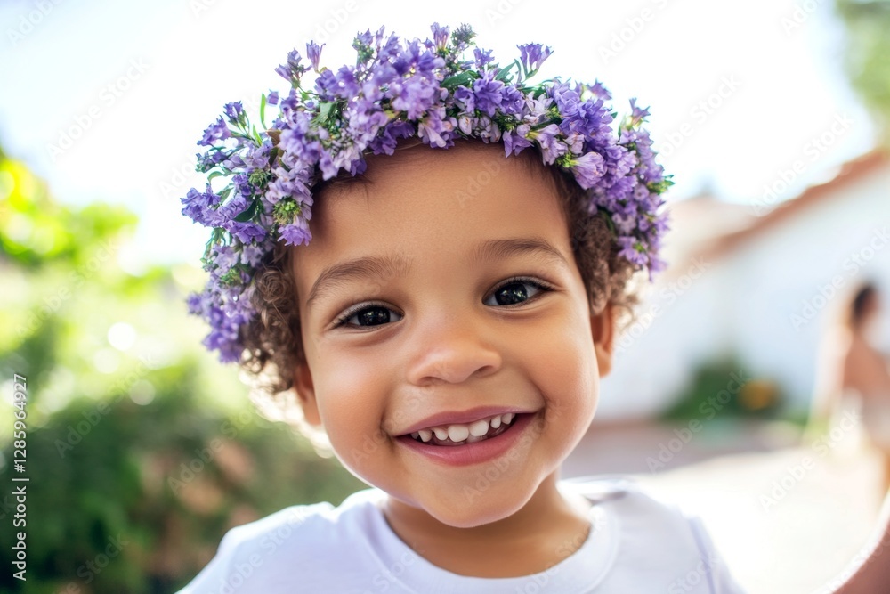 Happy vacation time holidays concept visual pattern. Dawn light. Smiling mixed-race toddler boy with tt hair wearing purple flower crown on his head. Boy’s dreamy summer portrait. Happy vacation time holidays concept visual pattern. Dawn light. Smiling mixed-race toddler boy with tt hair wearing purple flower crown on his head. Boy’s dreamy summer portrait.