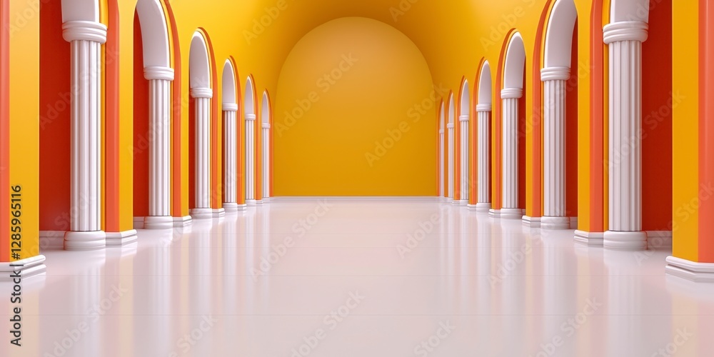 Obraz premium Long corridor with columns and arches in a futuristic retail warehouse featuring a sleek electronic grid design