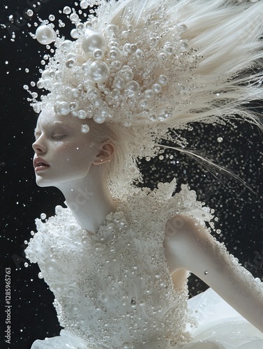 Ethereal woman with pearl-adorned hair and dress floating in a surreal underwater scene