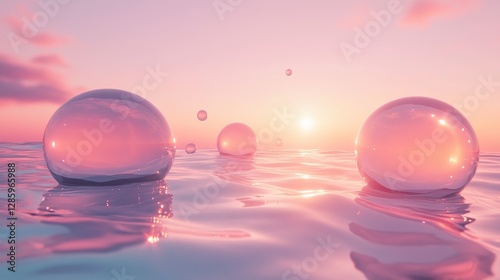 Floating transparent spheres reflecting a beautiful sunset scenery on water