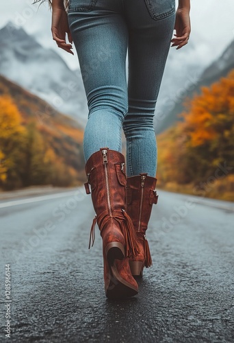 Woman in jeans and cowboy boots walking on a scenic mountain road during autumn adventure