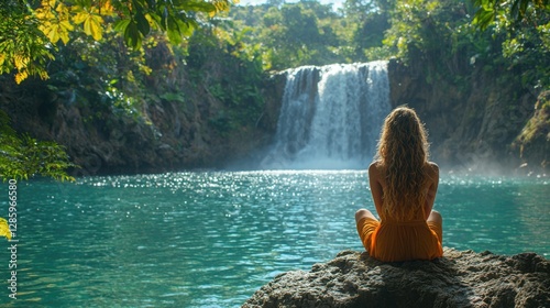 A woman with long hair sits peacefully by a sparkling blue waterfall, surrounded by lush greenery and vibrant nature. A serene moment captured in the wild.