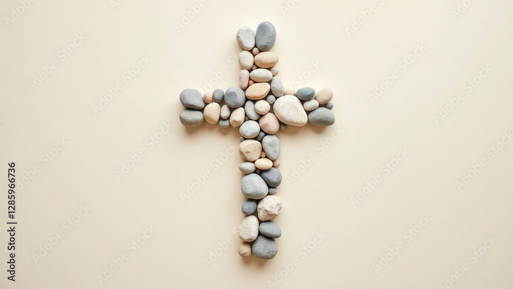 An artistic cross made from various stones against a light background. An artistic cross made from various stones against a light background.
