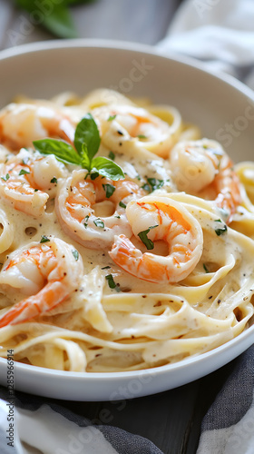 The photo shows all applicable creamy pasta with shrimp
