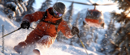 Skier heli-skiing in snowy mountains photo