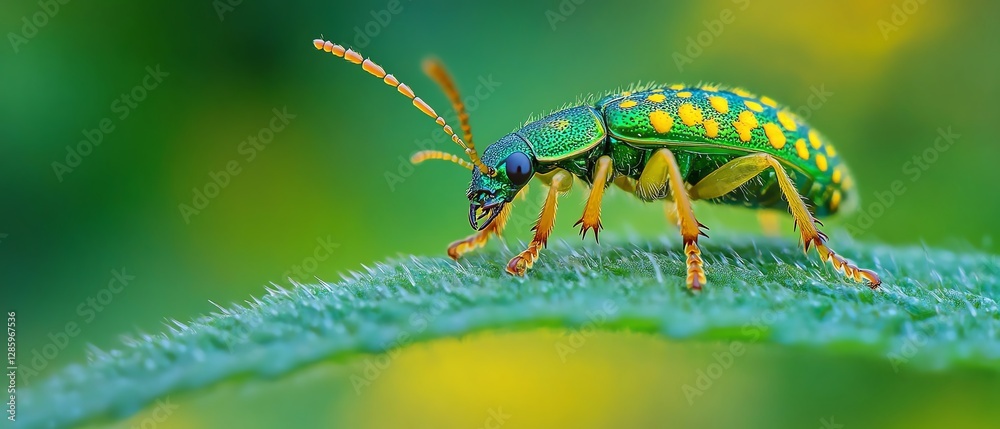 Naklejka premium Vibrant green stem with a colorful larva crawling along it, detailed macro shot showing the insect in nature, with a blurred background of the garden