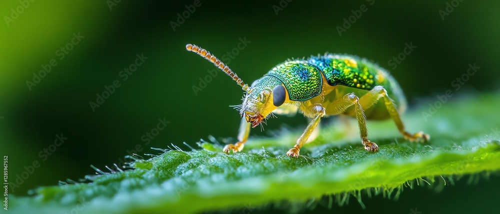 Naklejka premium Vibrant green stem with a colorful larva crawling along it, detailed macro shot showing the insect in nature, with a blurred background of the garden