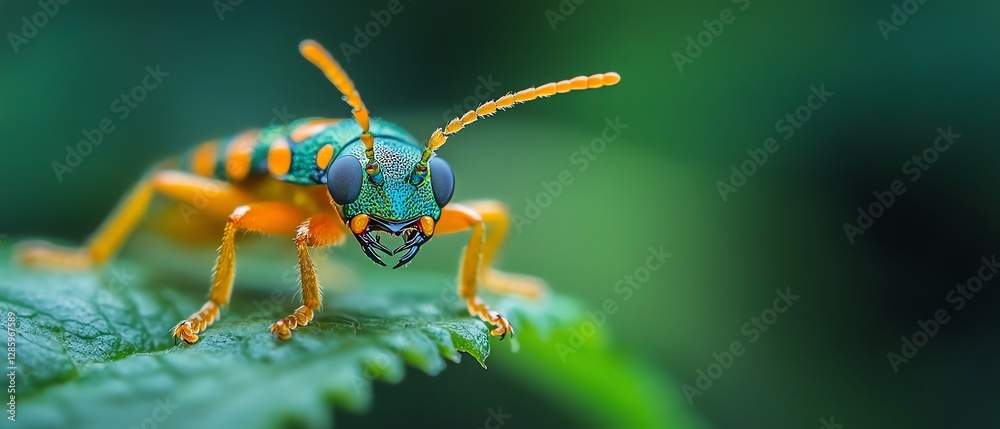 Naklejka premium Vibrant green stem with a colorful larva crawling along it, detailed macro shot showing the insect in nature, with a blurred background of the garden