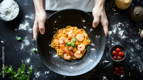 The photo shows all applicable creamy pasta with shrimp
