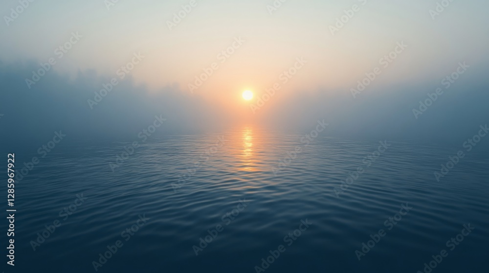 Obraz premium A serene view of the sun above misty water at dawn