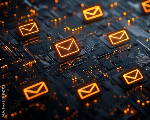 Wallpaper Mural Abstract design of orange email symbols on a black circuit board, representing the intersection of digital marketing, direct sales, and electronic communication Torontodigital.ca