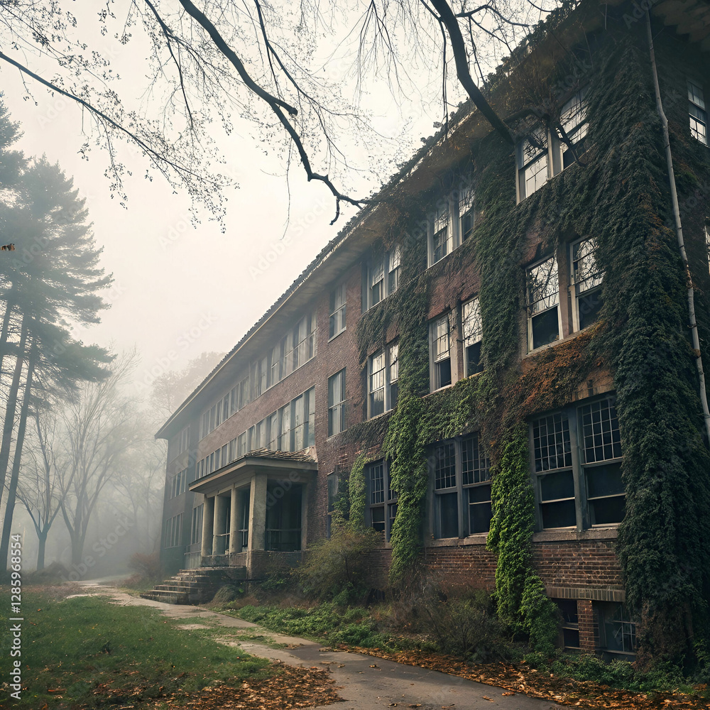 Obraz premium Eerie Ivy Covered Building in Misty Forest with Glowing Windows