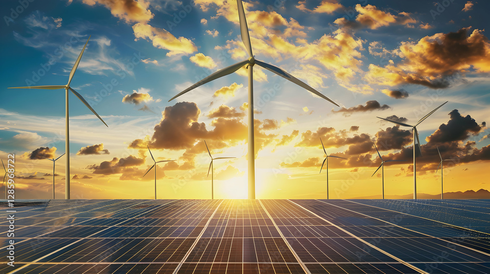 Fototapeta premium Expansive view of solar panels and wind turbines under a vibrant sunset sky in a renewable energy landscape