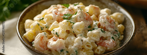 The photo shows all applicable creamy pasta with shrimp
