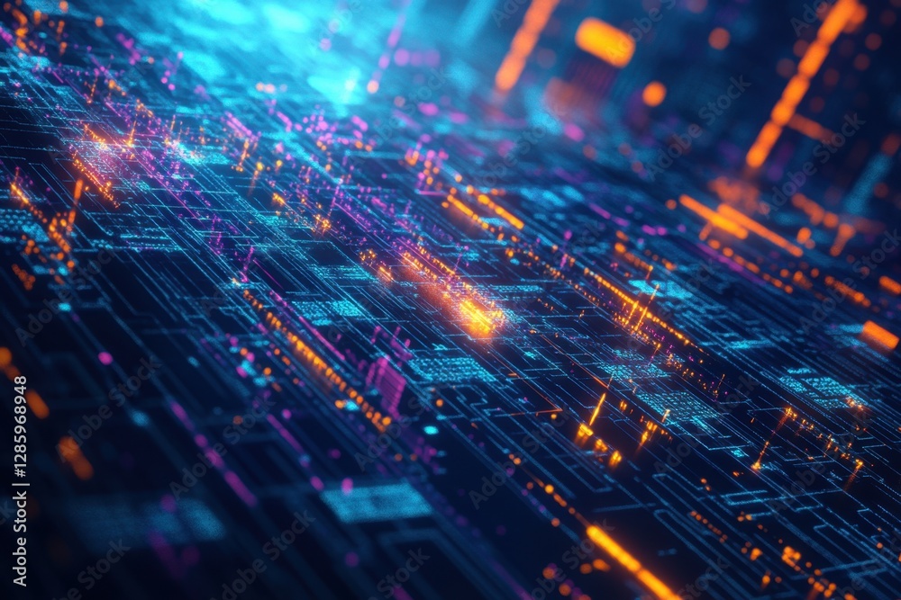 Obraz premium Vibrant digital landscape highlighting intricate circuitry and glowing data streams in a futuristic environment. Generative AI