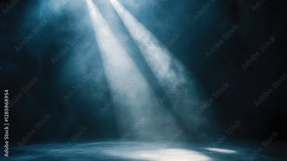 Obraz premium Spotlight beam cutting through fog on a cinematic stage, creating an atmospheric and dramatic scene.