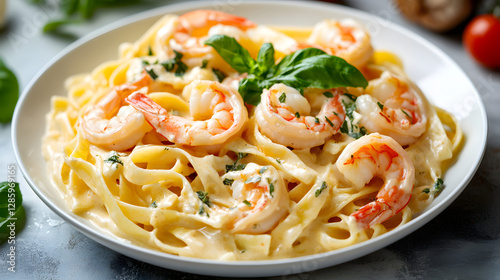 The photo shows all applicable creamy pasta with shrimp
