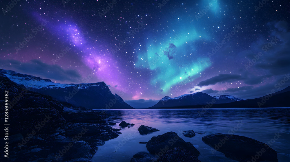 Fototapeta premium A dazzling night sky filled with stars, nebulae, and a soft aurora dancing across the horizon - 