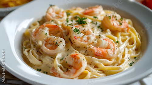 The photo shows all applicable creamy pasta with shrimp
