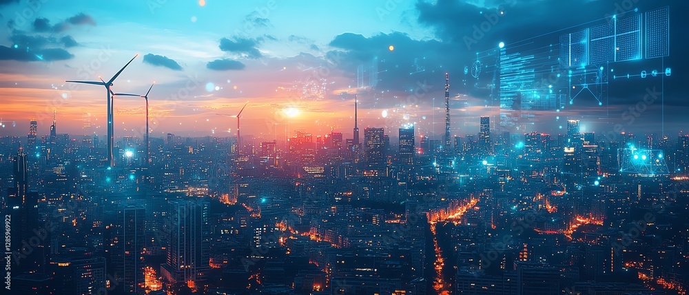 Fototapeta premium Ecofriendly cityscape with digital wind turbines and solar panels
