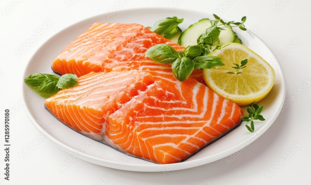 Fresh salmon fillets on plate with lemon, cucumber, and herbs Fresh salmon fillets on plate with lemon, cucumber, and herbs